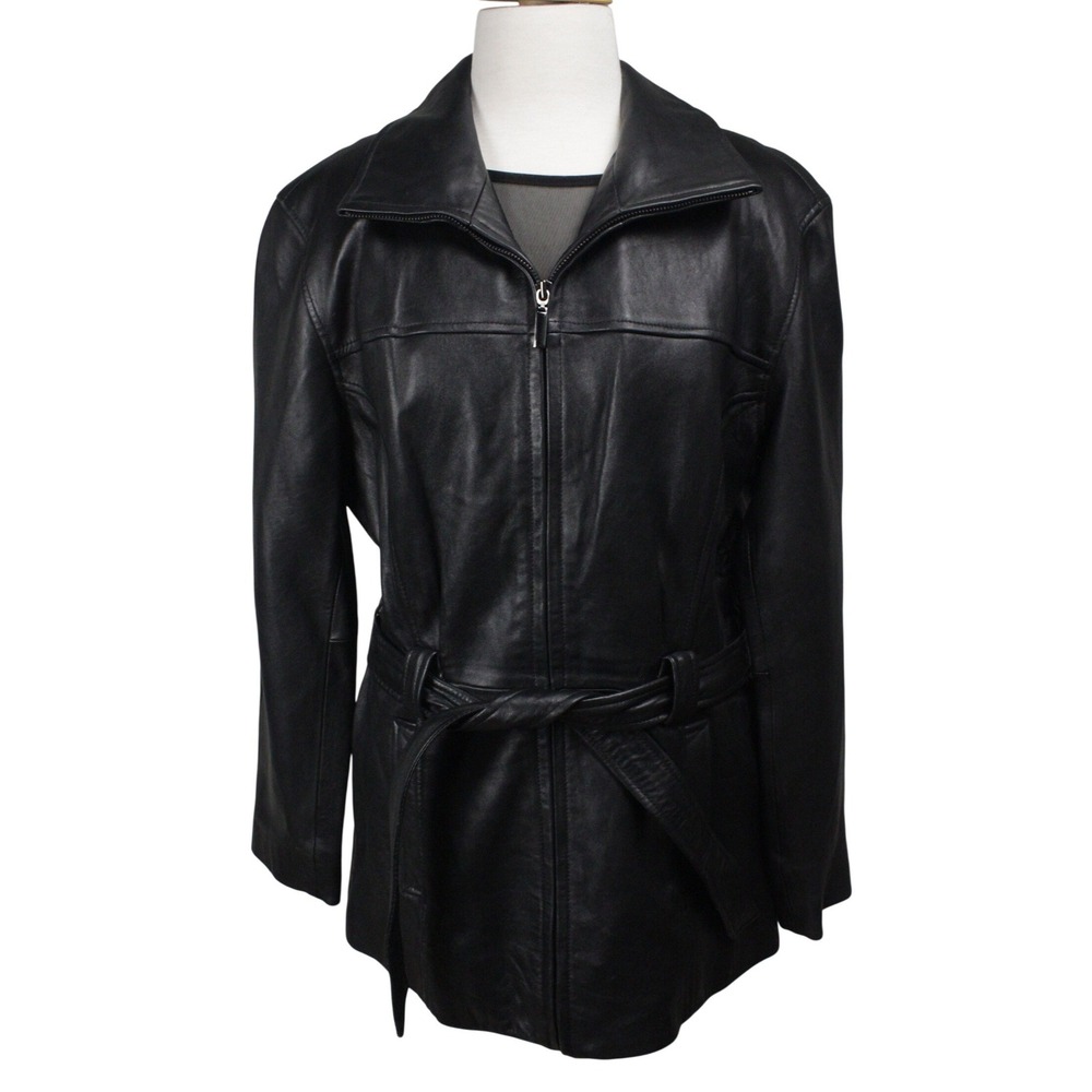 JLC New York Leather Jacket Women M Black Belted 90s Y2K Indie Blazer